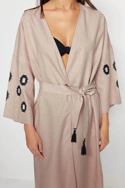 Fashion Woven Regular Pattern Long V Neck Standard Sleeve Poplin Basic Plain Pattern Kimono Kaftan