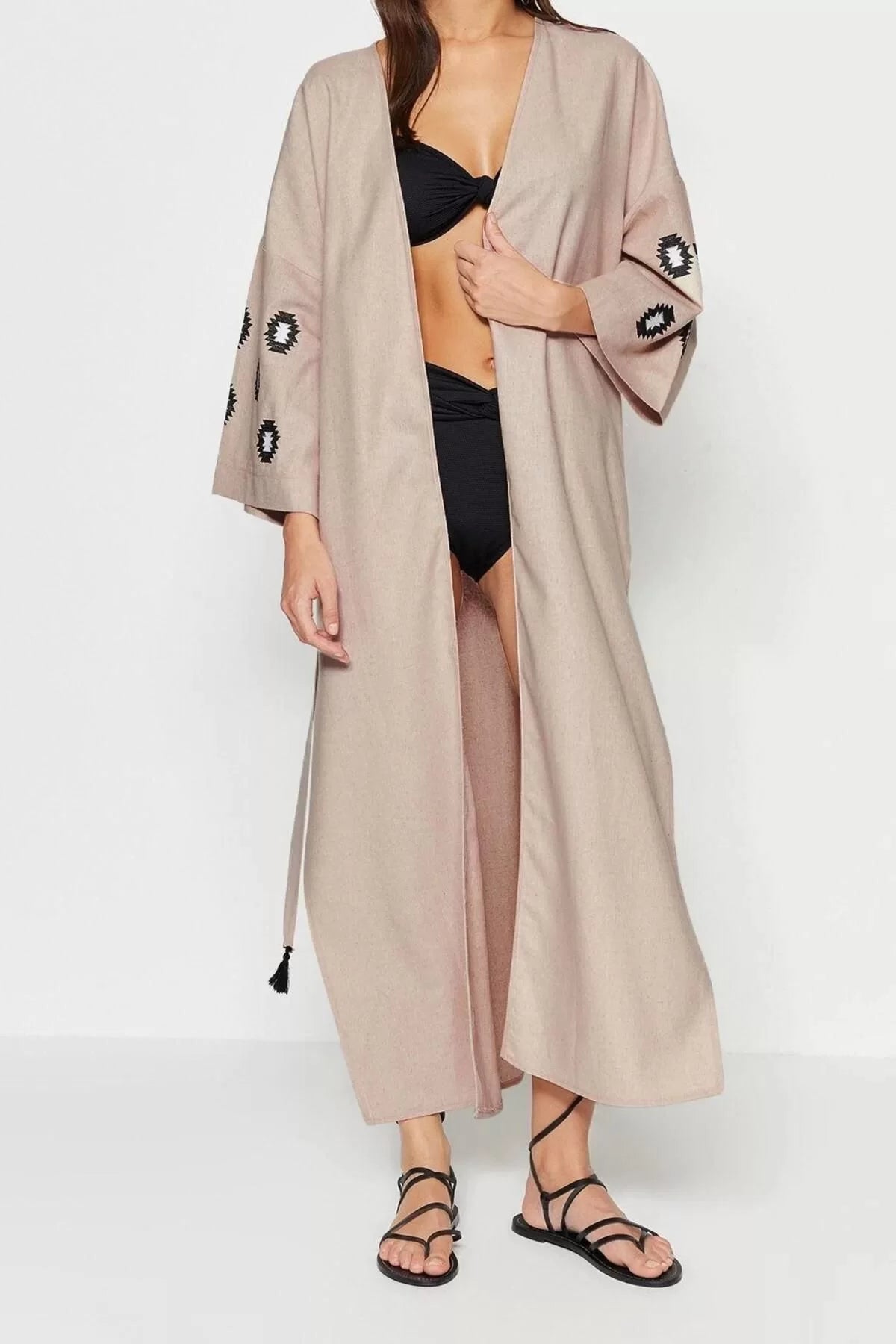 Fashion Woven Regular Pattern Long V Neck Standard Sleeve Poplin Basic Plain Pattern Kimono Kaftan