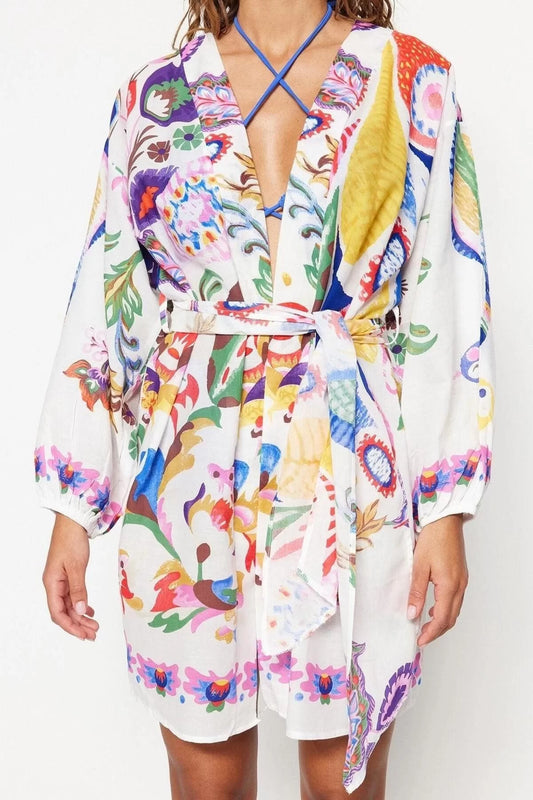 Fashion Woven Regular Pattern Long V Neck Balloon Sleeve Voile Basic Ethnic Pattern Kimono Kaftan