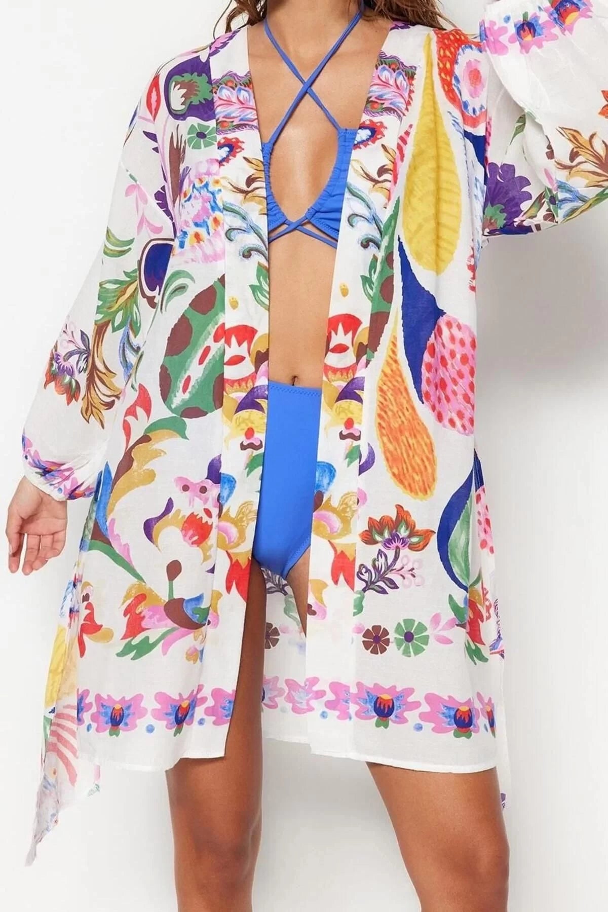 Fashion Woven Regular Pattern Long V Neck Balloon Sleeve Voile Basic Ethnic Pattern Kimono Kaftan