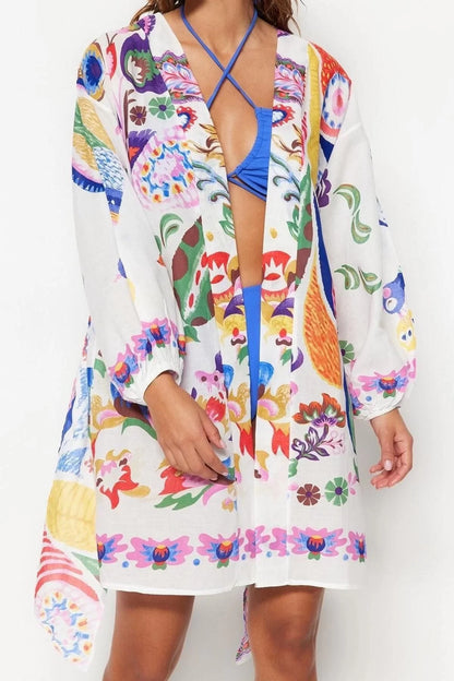 Fashion Woven Regular Pattern Long V Neck Balloon Sleeve Voile Basic Ethnic Pattern Kimono Kaftan