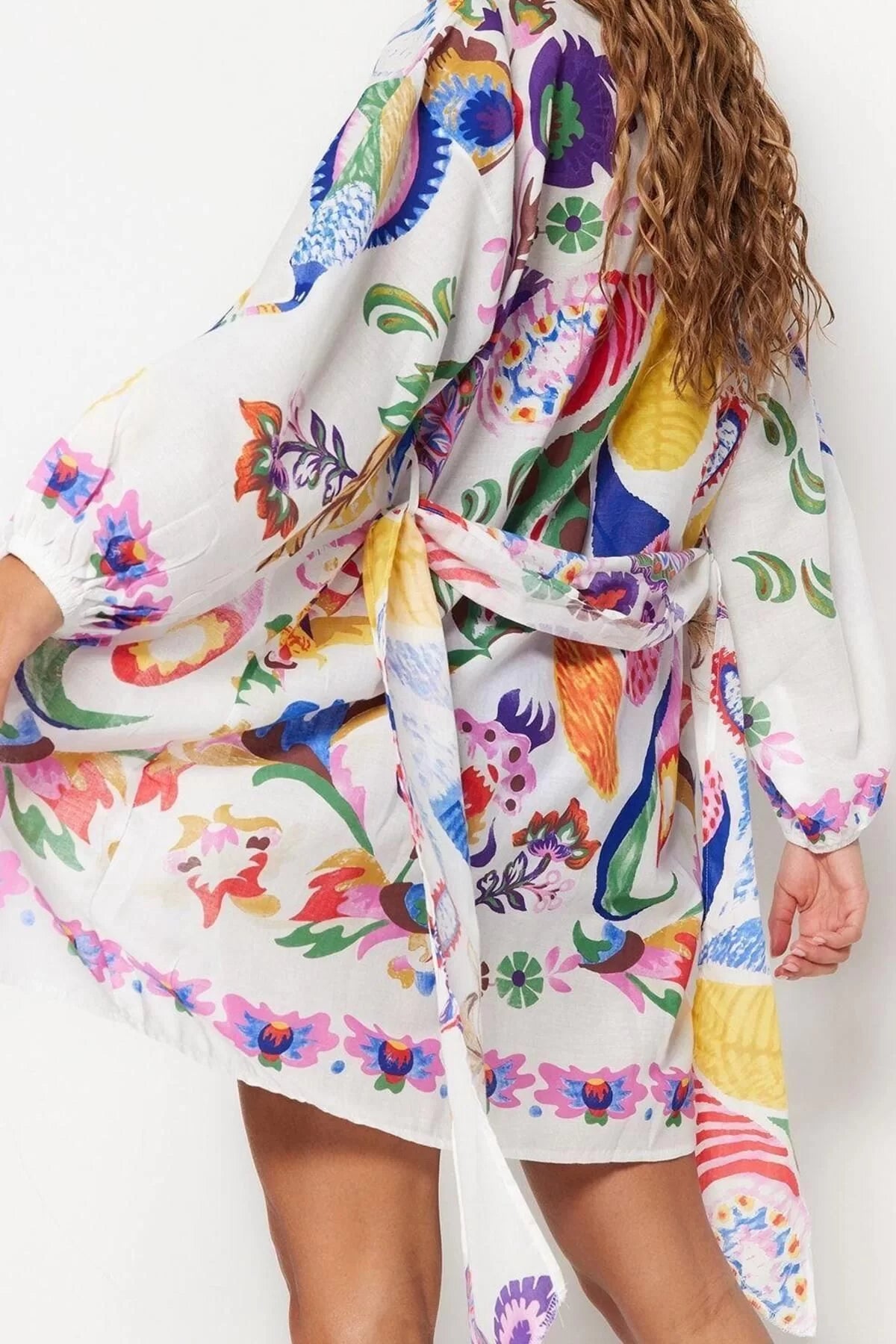 Fashion Woven Regular Pattern Long V Neck Balloon Sleeve Voile Basic Ethnic Pattern Kimono Kaftan