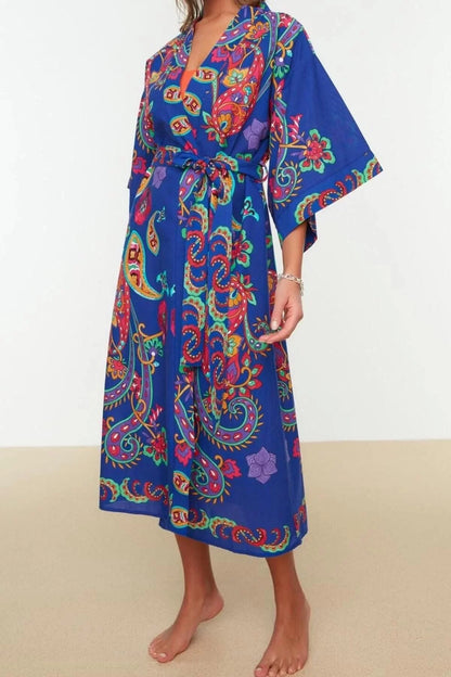 Fashion Woven Regular Pattern Long V Neck Standard Sleeve Voile Basic Shawl Pattern Kimono Kaftan