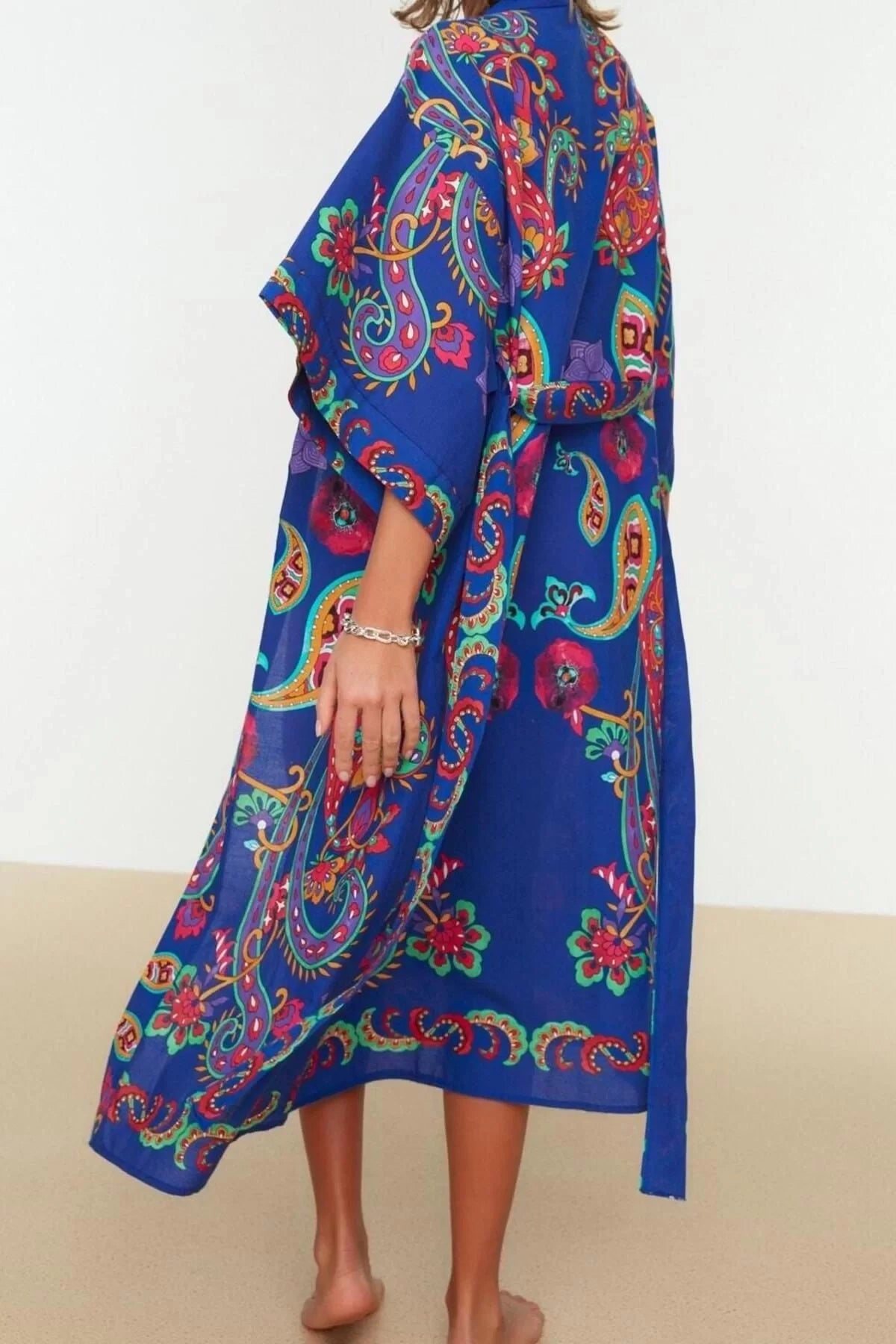 Fashion Woven Regular Pattern Long V Neck Standard Sleeve Voile Basic Shawl Pattern Kimono Kaftan