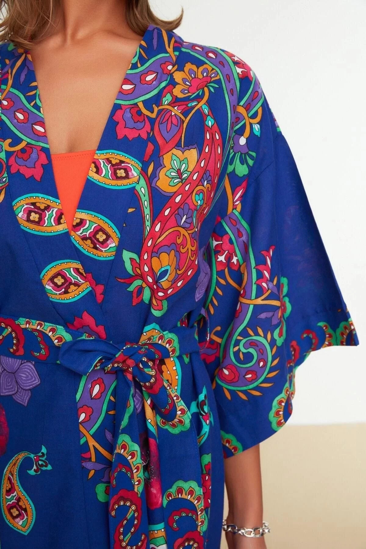 Fashion Woven Regular Pattern Long V Neck Standard Sleeve Voile Basic Shawl Pattern Kimono Kaftan