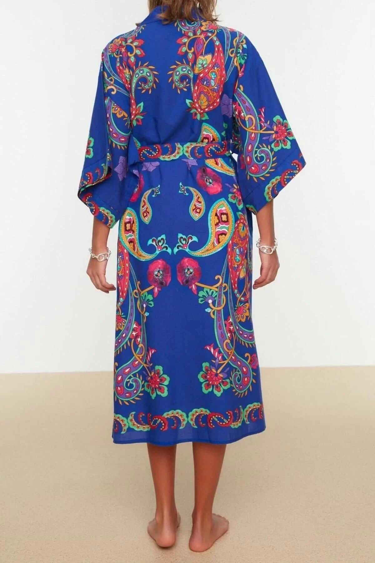 Fashion Woven Regular Pattern Long V Neck Standard Sleeve Voile Basic Shawl Pattern Kimono Kaftan