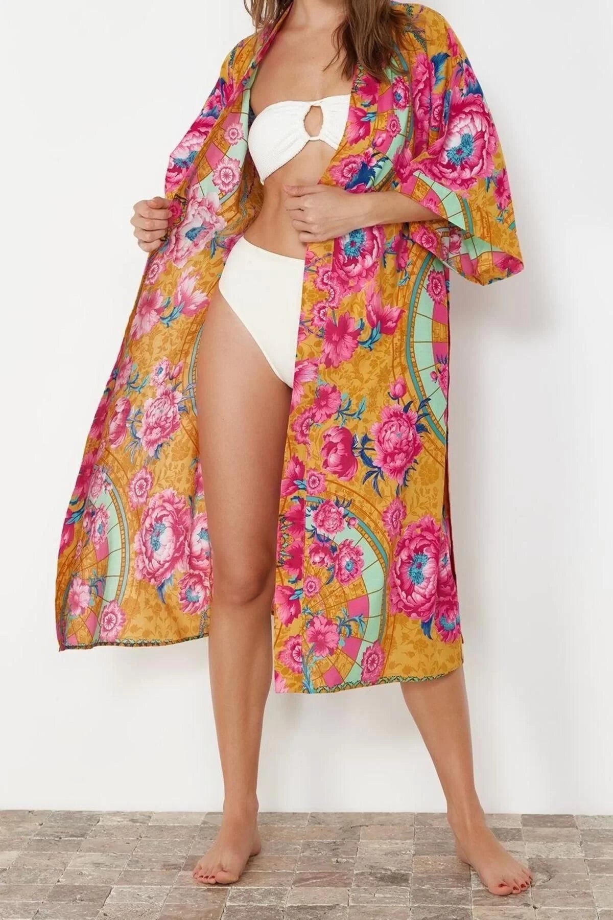 Fashion Woven Regular Pattern Long V Neck Standard Sleeve Voile Basic Shawl Pattern Kimono Kaftan