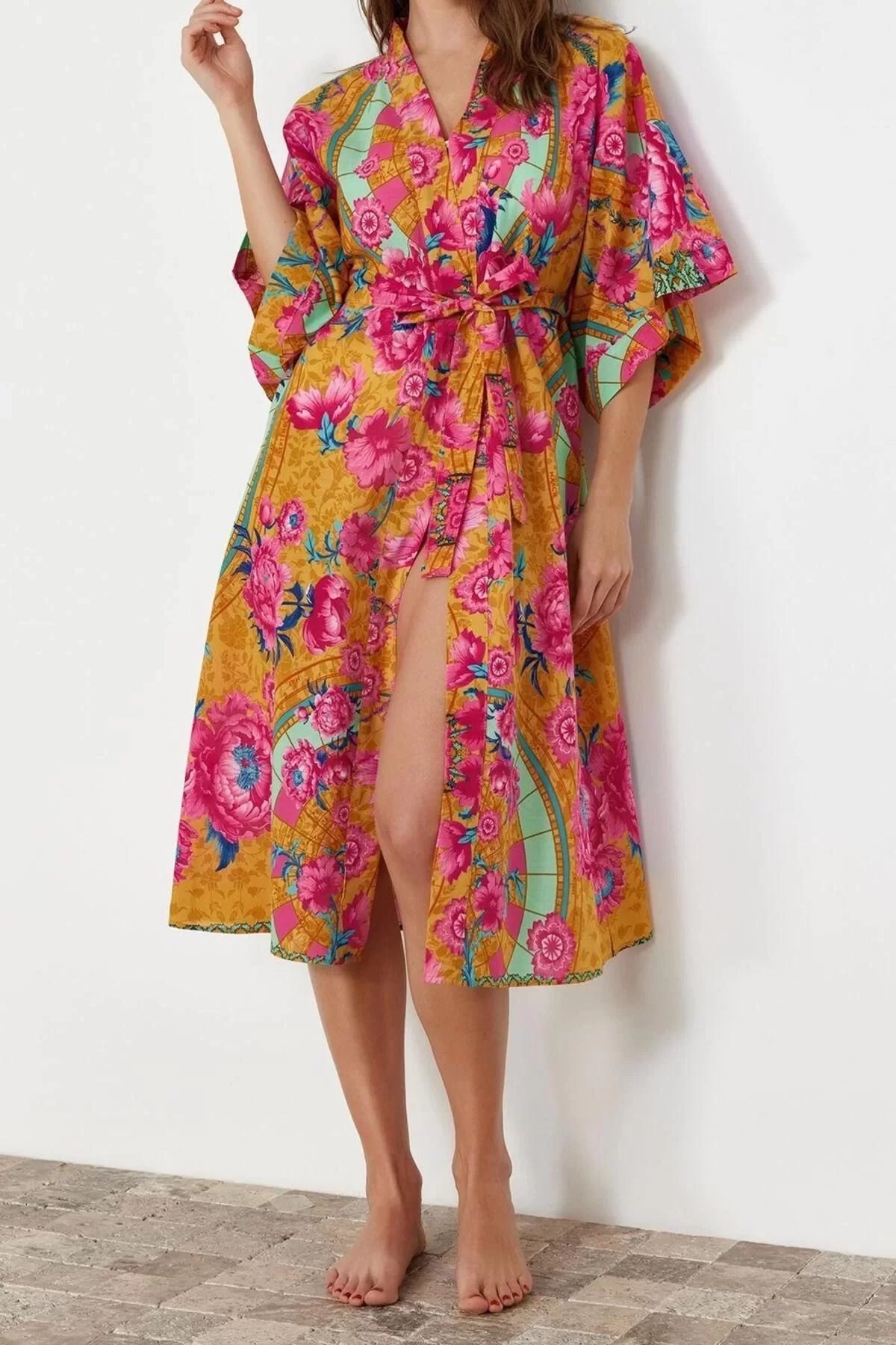 Fashion Woven Regular Pattern Long V Neck Standard Sleeve Voile Basic Shawl Pattern Kimono Kaftan