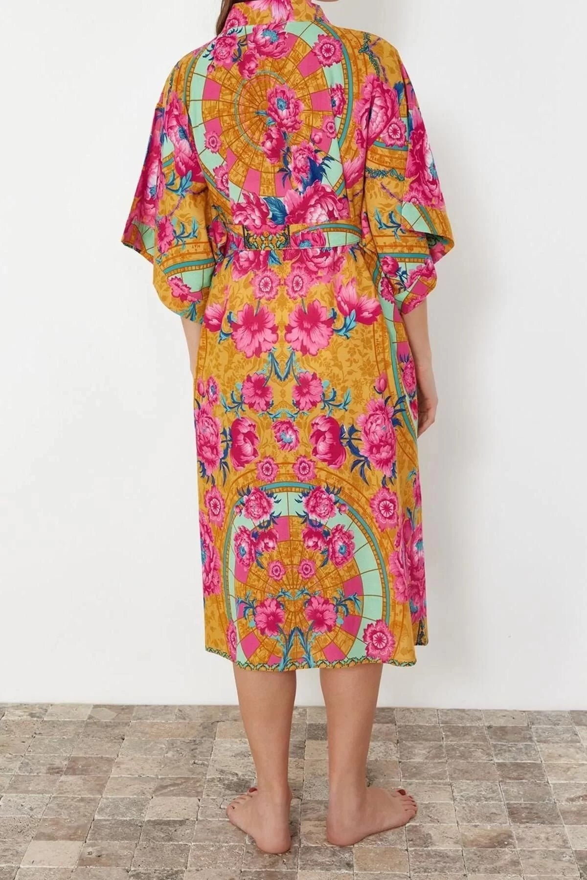 Fashion Woven Regular Pattern Long V Neck Standard Sleeve Voile Basic Shawl Pattern Kimono Kaftan