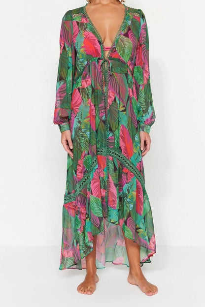 Fashion Woven Comfortable Pattern Midi V Neck Balloon Sleeve Chiffon Basic Tropical Pattern Kimono Kaftan