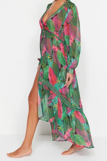 Fashion Woven Comfortable Pattern Midi V Neck Balloon Sleeve Chiffon Basic Tropical Pattern Kimono Kaftan