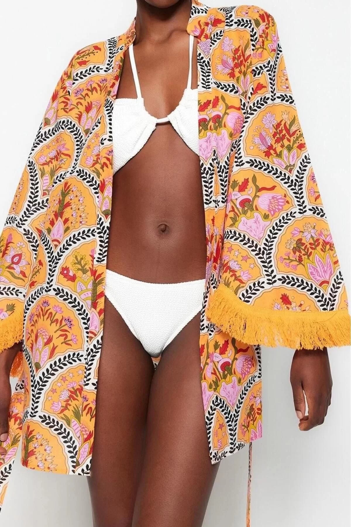 Fashion Woven Regular Pattern Crop V Neck Spanish Sleeve Voile Basic Floral Pattern Kimono Kaftan