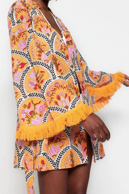 Fashion Woven Regular Pattern Crop V Neck Spanish Sleeve Voile Basic Floral Pattern Kimono Kaftan