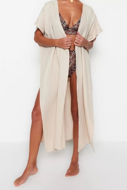 Fashion Woven Oversize Pattern Long V Neck Standard Sleeve Muslin Double Breasted Plain Pattern Kimono Kaftan