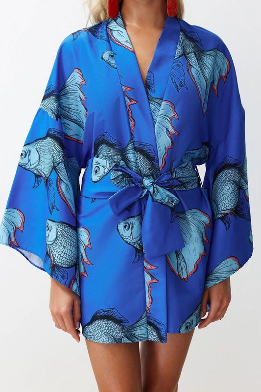 Fashion Woven Regular Pattern Crop V Neck Spanish Sleeve Kelly Basic Tropical Pattern Kimono Kaftan