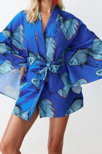 Fashion Woven Regular Pattern Crop V Neck Spanish Sleeve Kelly Basic Tropical Pattern Kimono Kaftan