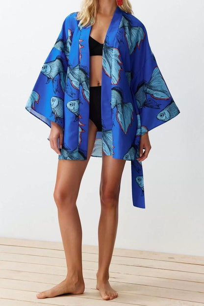 Fashion Woven Regular Pattern Crop V Neck Spanish Sleeve Kelly Basic Tropical Pattern Kimono Kaftan