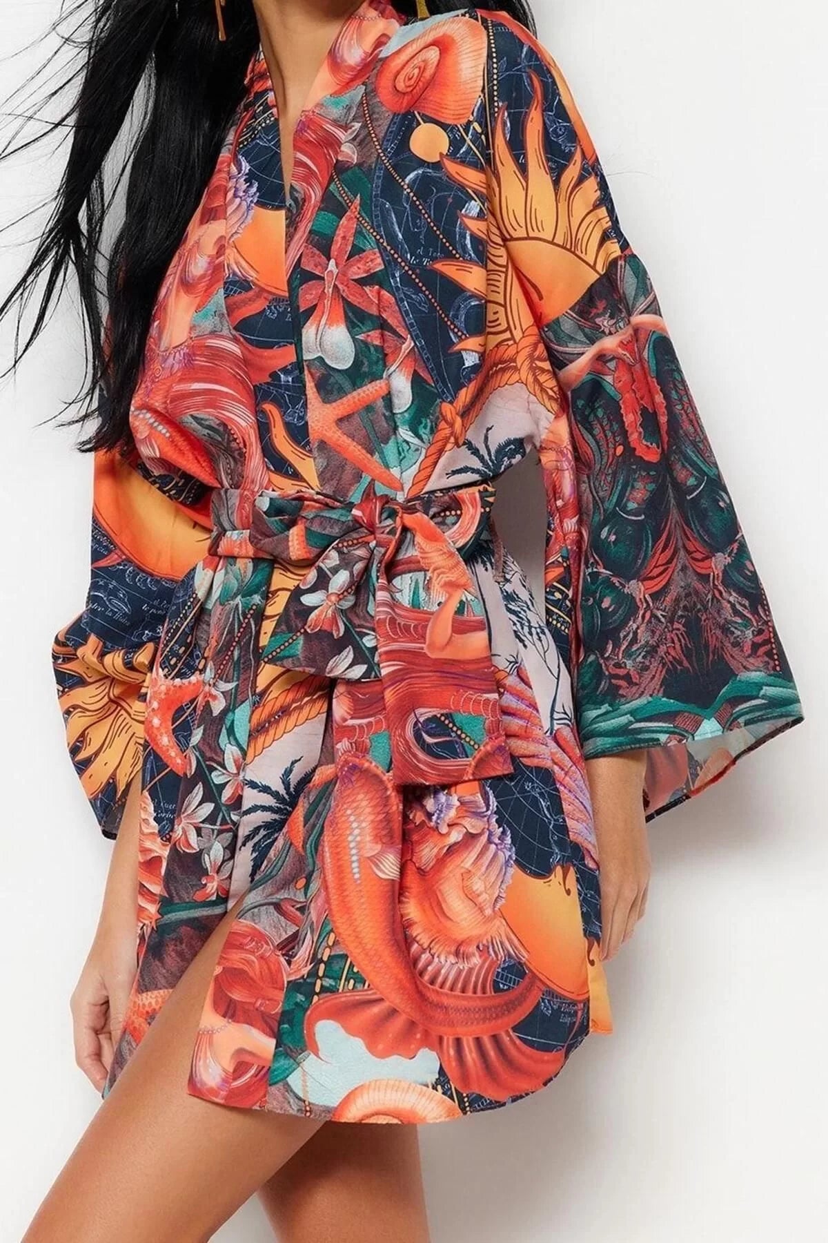 Fashion Woven Regular Pattern Crop V Neck Spanish Sleeve Kelly Basic Tropical Pattern Kimono Kaftan