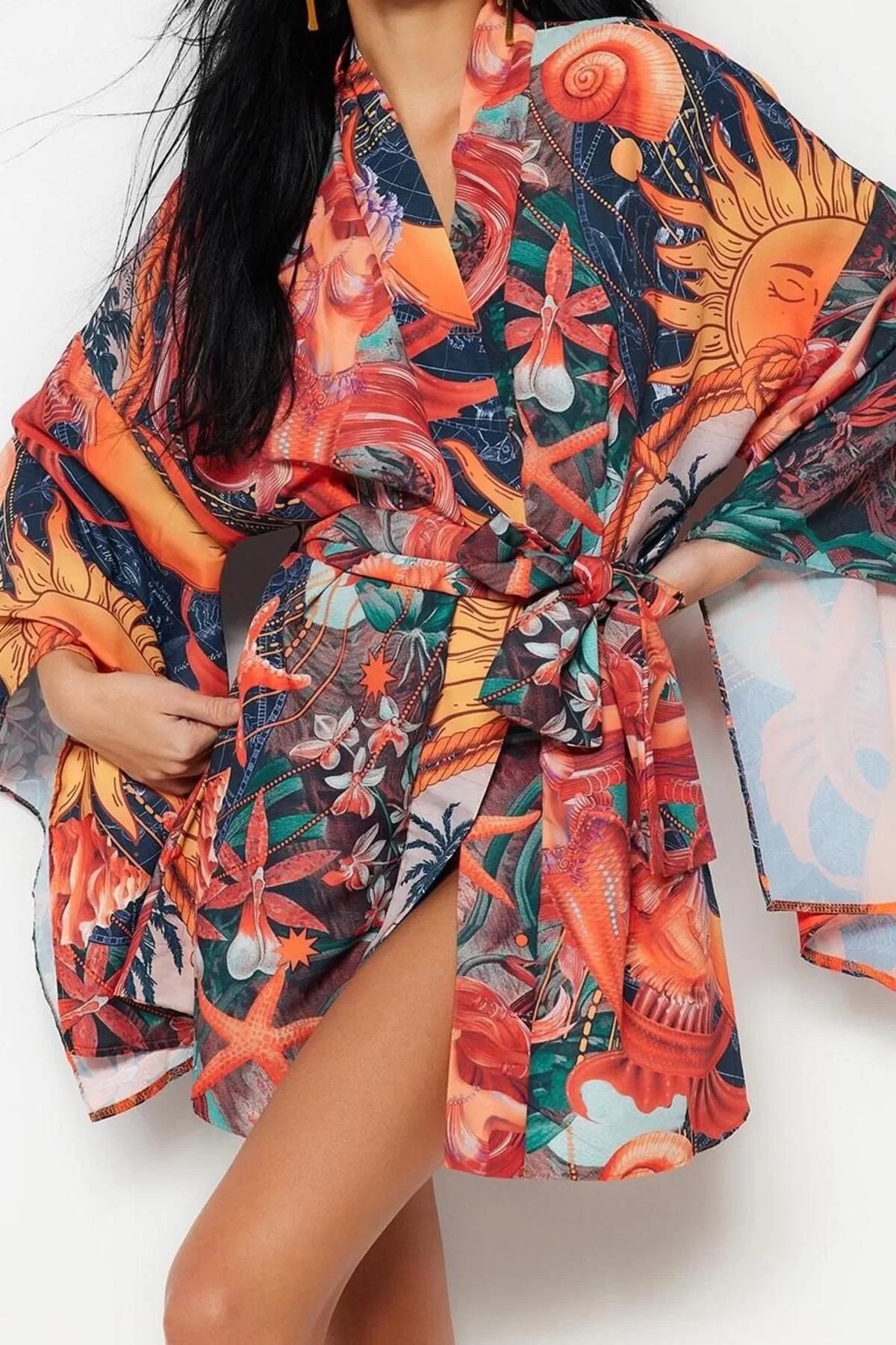 Fashion Woven Regular Pattern Crop V Neck Spanish Sleeve Kelly Basic Tropical Pattern Kimono Kaftan