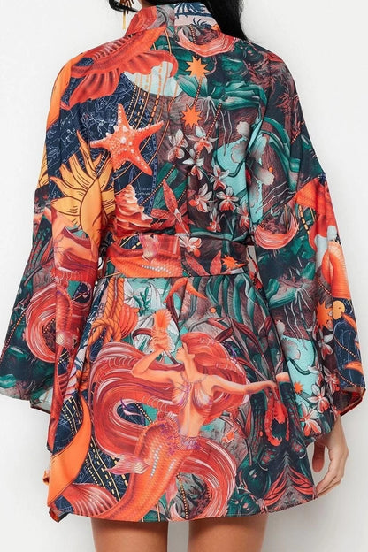 Fashion Woven Regular Pattern Crop V Neck Spanish Sleeve Kelly Basic Tropical Pattern Kimono Kaftan