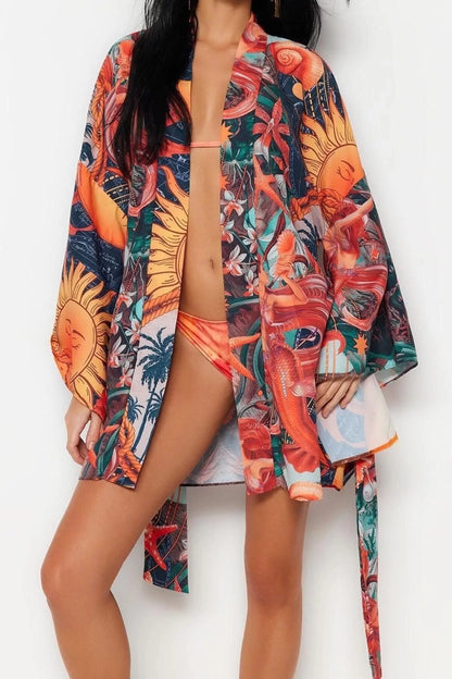 Fashion Woven Regular Pattern Crop V Neck Spanish Sleeve Kelly Basic Tropical Pattern Kimono Kaftan