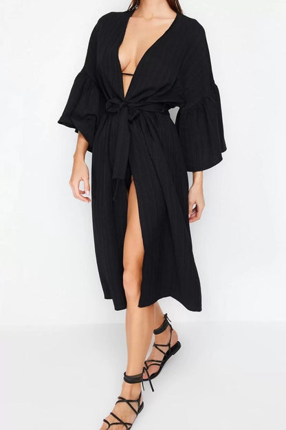 Fashion Knitted Regular Pattern Long V Neck Pleated/Ruffle Sleeve Muslin Basic Plain Pattern Kimono Kaftan