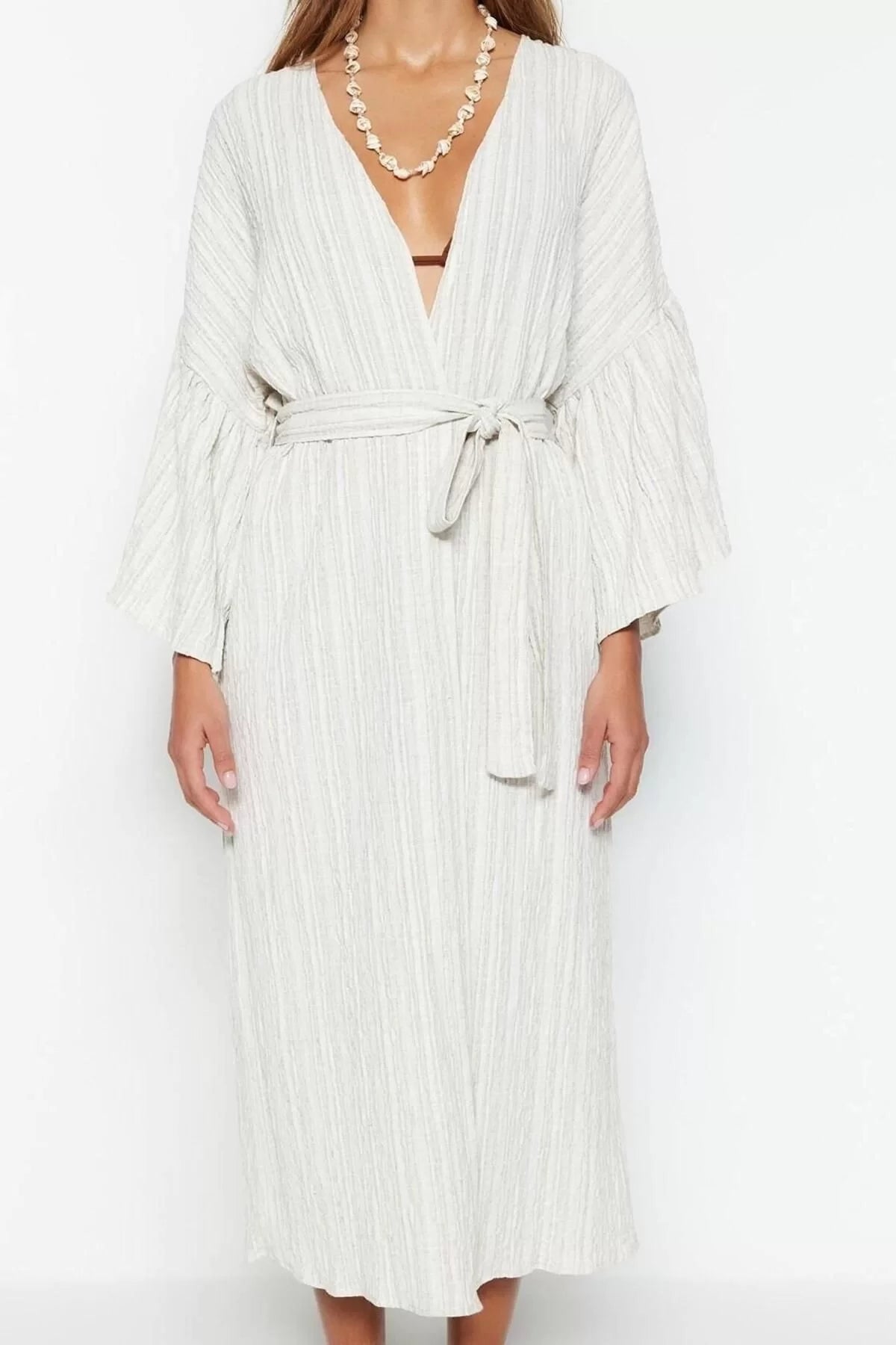 Fashion Knitted Regular Pattern Long V Neck Pleated/Ruffle Sleeve Muslin Basic Plain Pattern Kimono Kaftan