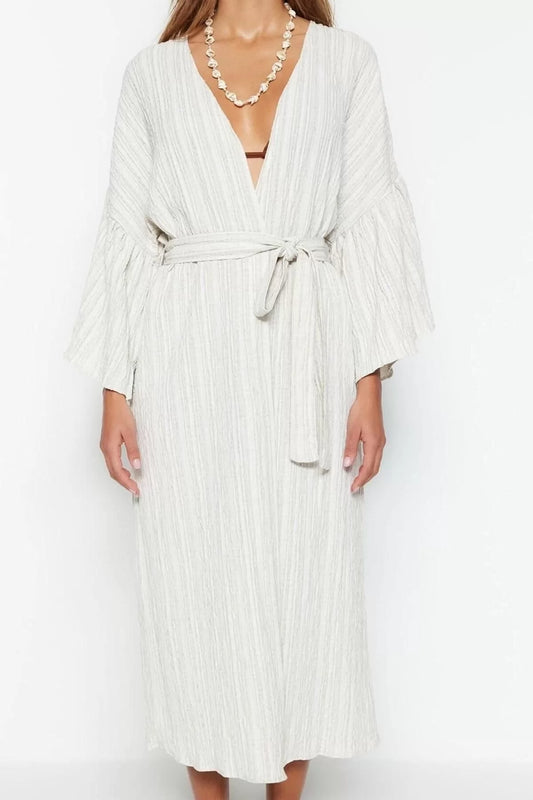 Fashion Knitted Regular Pattern Long V Neck Pleated/Ruffle Sleeve Muslin Basic Plain Pattern Kimono Kaftan