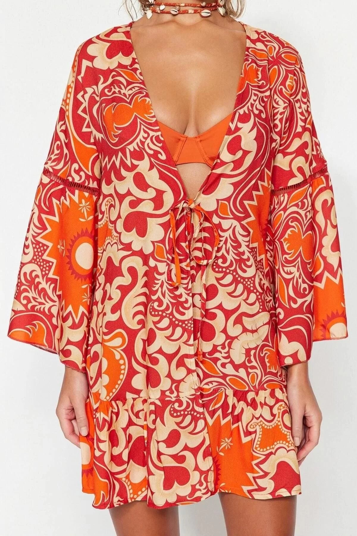 Fashion Woven Regular Pattern Crop V Neck Standard Sleeve Shally Basic Ethnic Pattern Kimono Kaftan