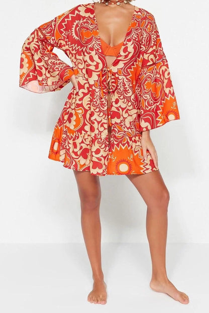 Fashion Woven Regular Pattern Crop V Neck Standard Sleeve Shally Basic Ethnic Pattern Kimono Kaftan