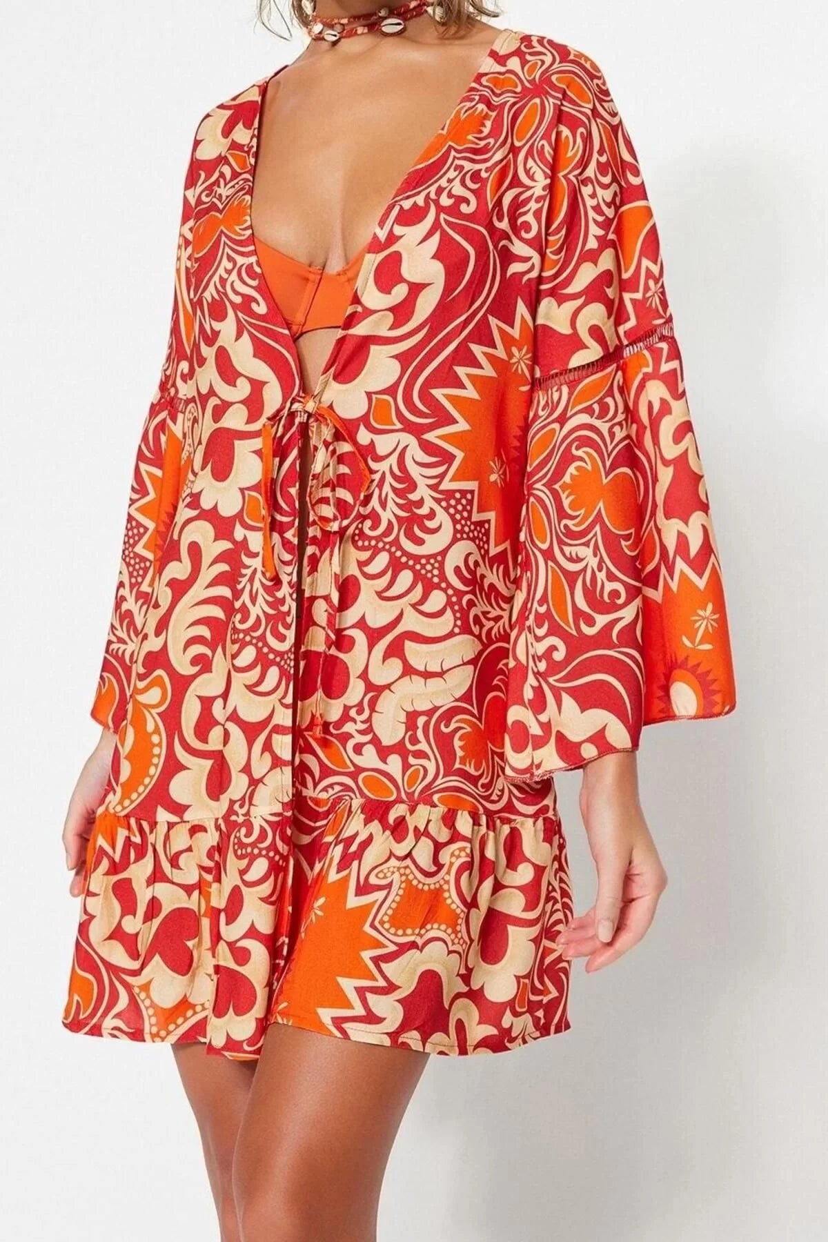 Fashion Woven Regular Pattern Crop V Neck Standard Sleeve Shally Basic Ethnic Pattern Kimono Kaftan