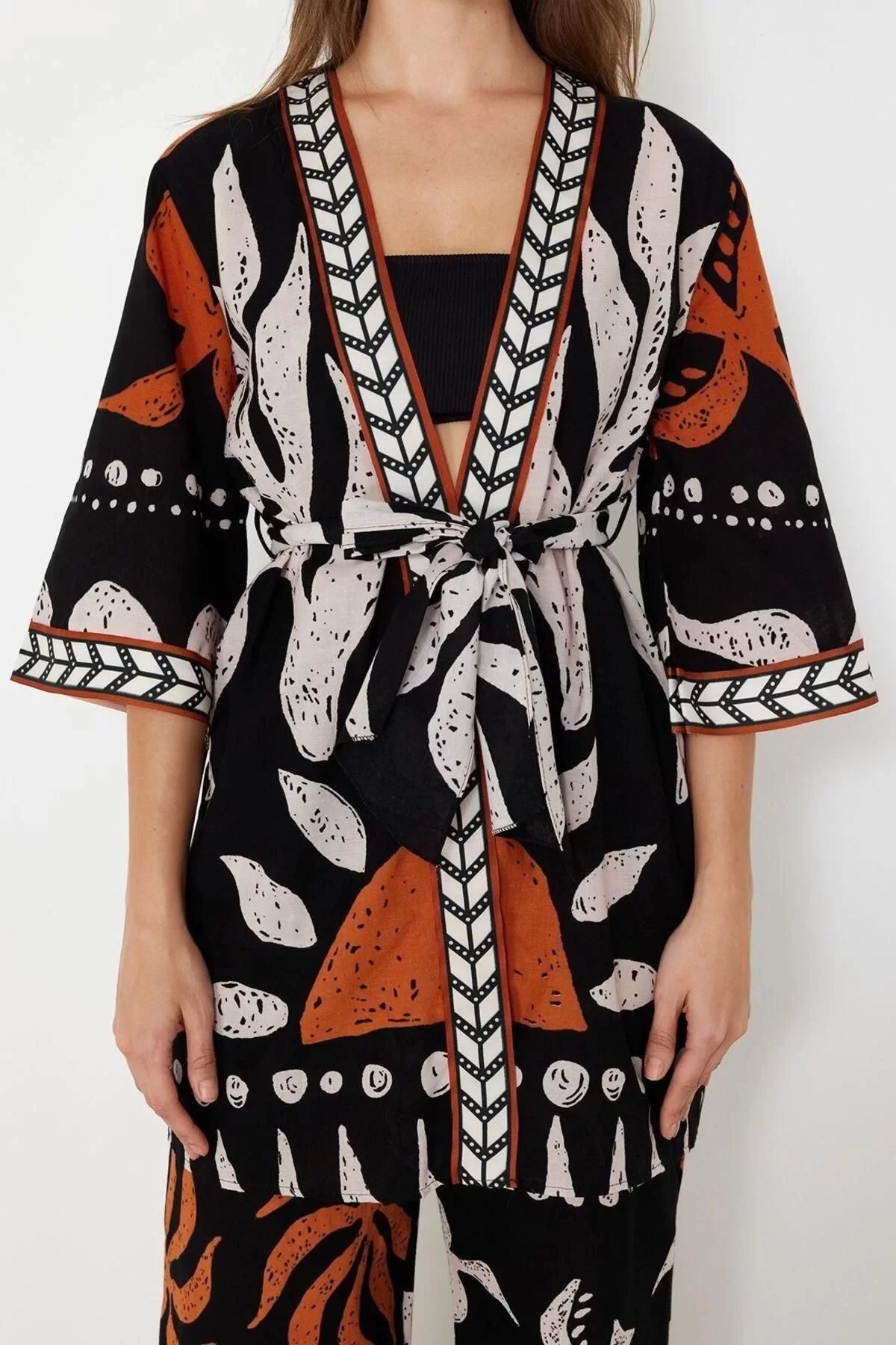 Fashion Woven Regular Pattern Crop V Neck Standard Sleeve Voile Basic Ethnic Pattern Kimono Kaftan