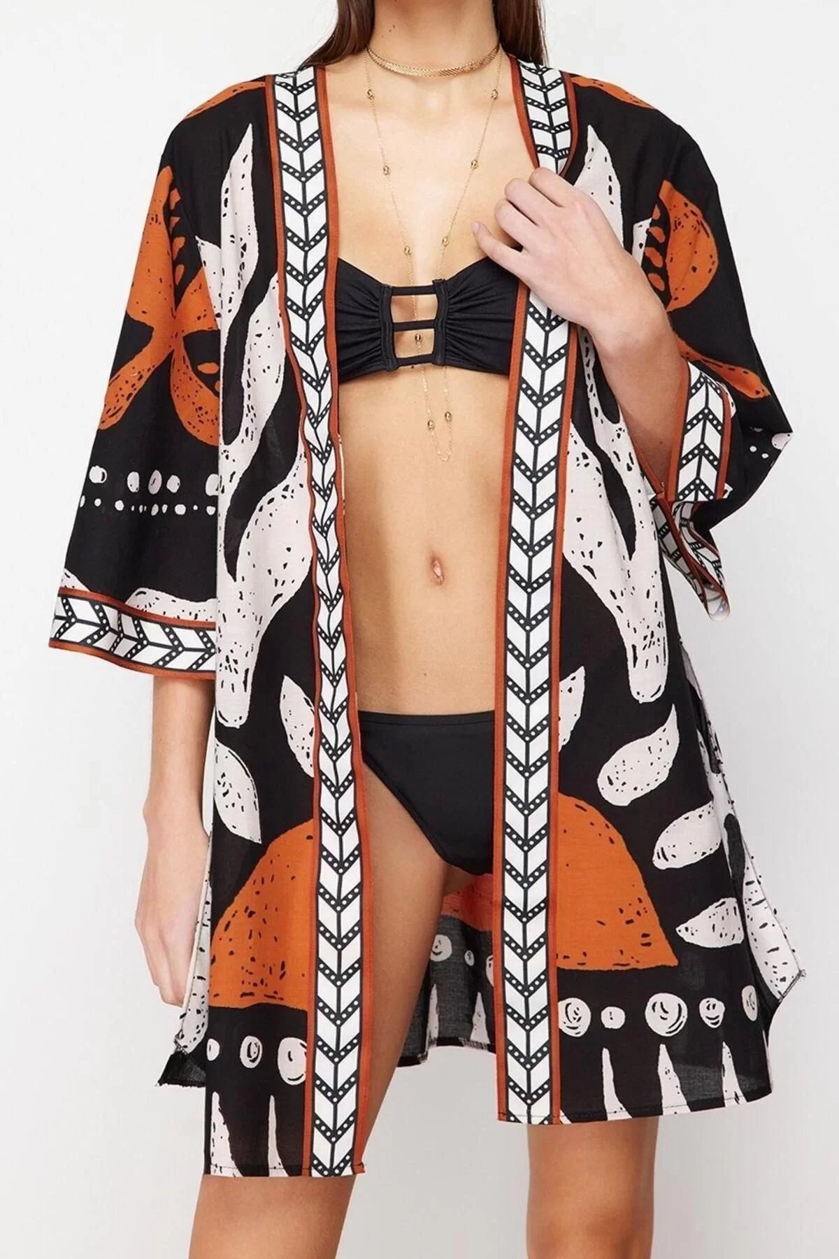 Fashion Woven Regular Pattern Crop V Neck Standard Sleeve Voile Basic Ethnic Pattern Kimono Kaftan