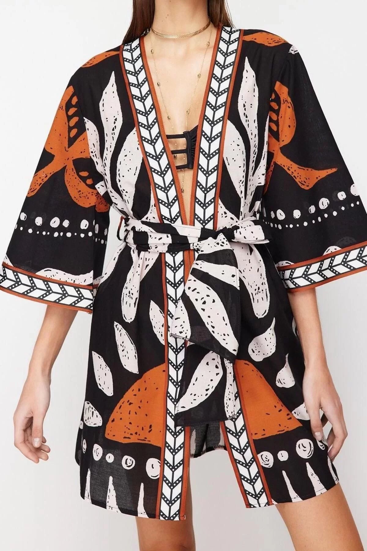 Fashion Woven Regular Pattern Crop V Neck Standard Sleeve Voile Basic Ethnic Pattern Kimono Kaftan