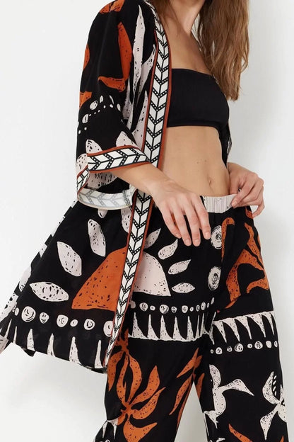 Fashion Woven Regular Pattern Crop V Neck Standard Sleeve Voile Basic Ethnic Pattern Kimono Kaftan