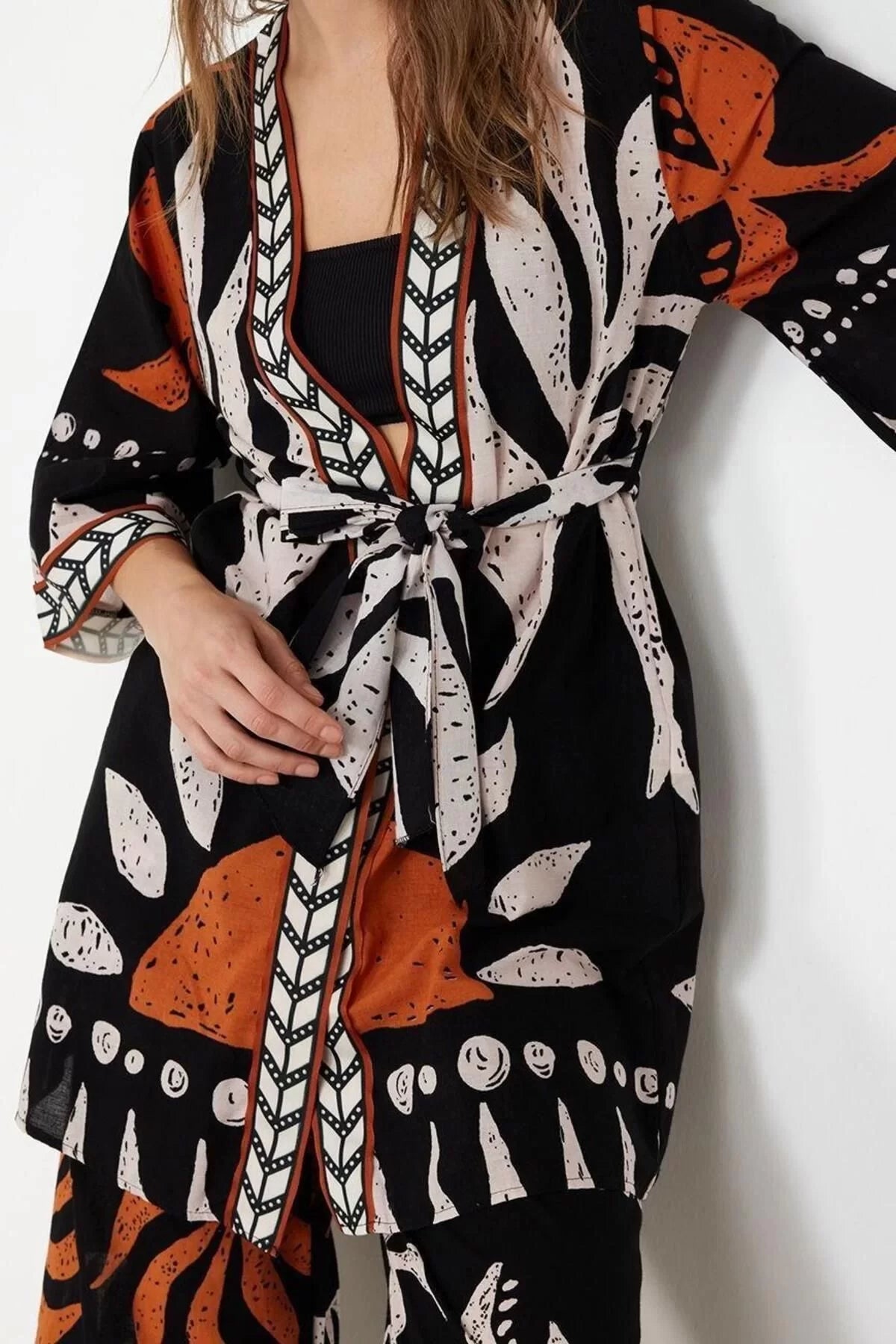 Fashion Woven Regular Pattern Crop V Neck Standard Sleeve Voile Basic Ethnic Pattern Kimono Kaftan