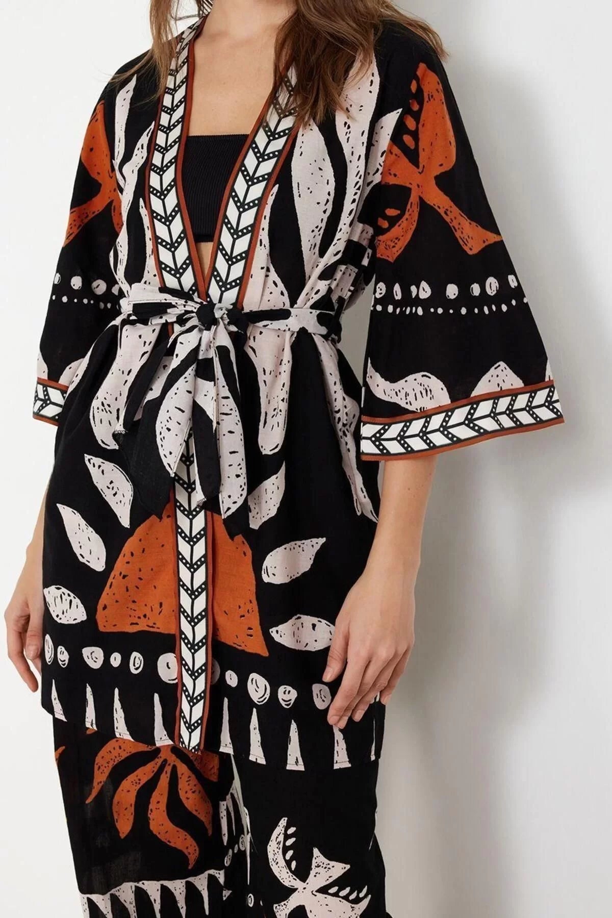 Fashion Woven Regular Pattern Crop V Neck Standard Sleeve Voile Basic Ethnic Pattern Kimono Kaftan