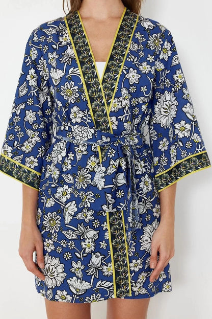 Fashion Woven Regular Pattern Crop V Neck Standard Sleeve Voile Basic Ethnic Pattern Kimono Kaftan