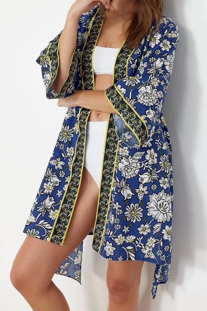 Fashion Woven Regular Pattern Crop V Neck Standard Sleeve Voile Basic Ethnic Pattern Kimono Kaftan