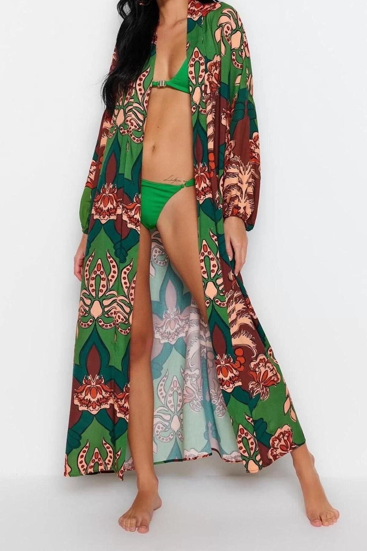 Fashion Woven Regular Pattern Long Shawl Collar Standard Sleeve Shally Basic Tropical Pattern Kimono Kaftan