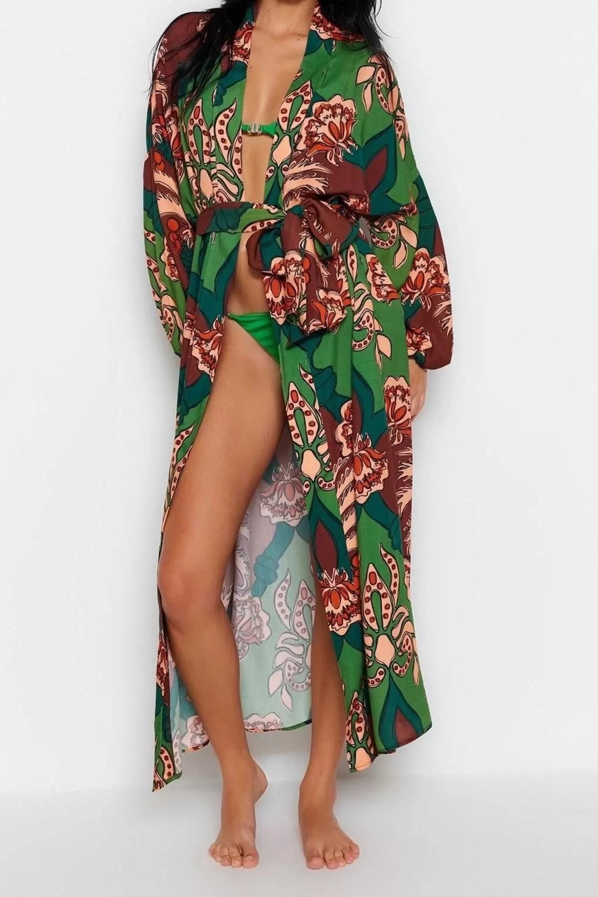 Fashion Woven Regular Pattern Long Shawl Collar Standard Sleeve Shally Basic Tropical Pattern Kimono Kaftan