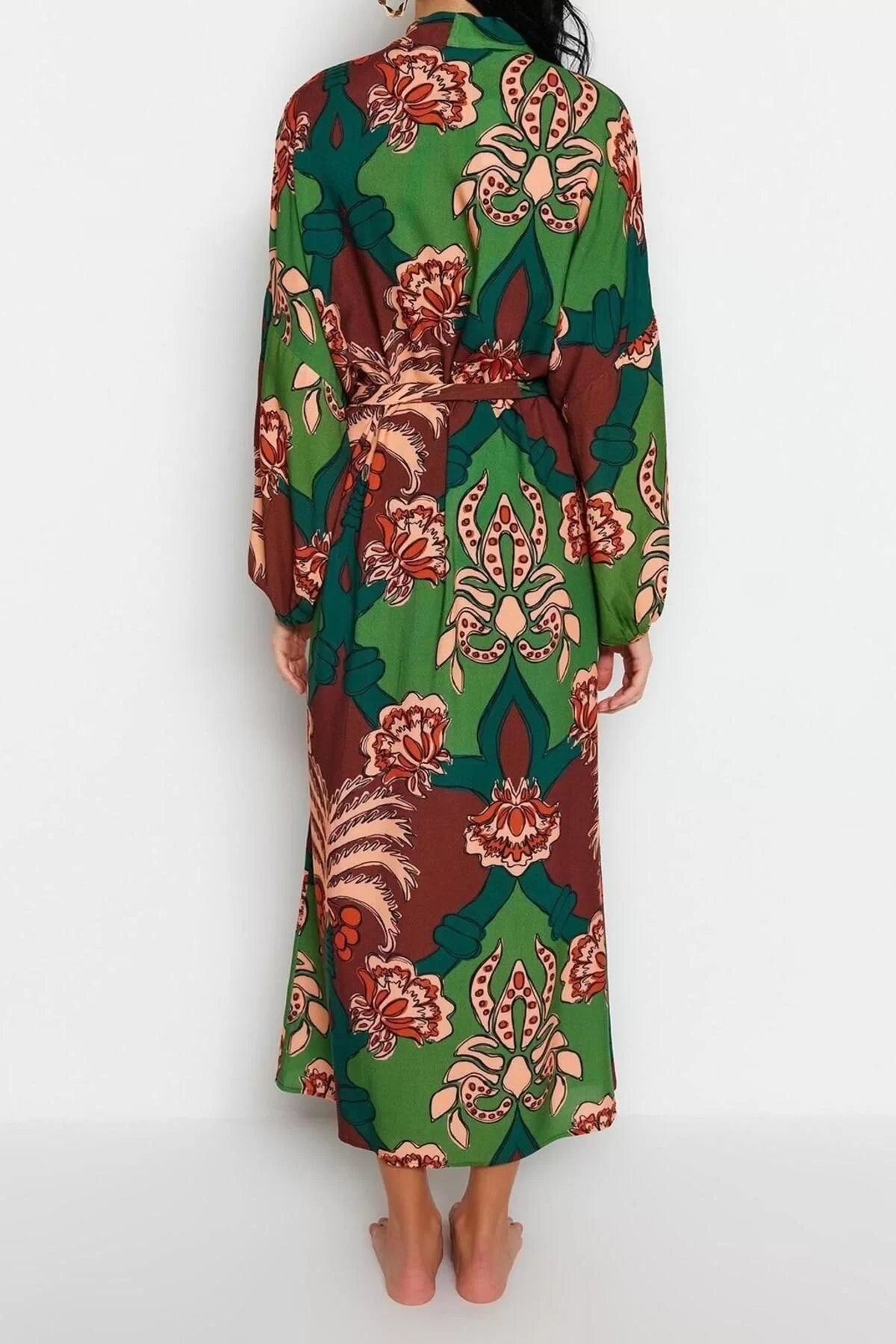 Fashion Woven Regular Pattern Long Shawl Collar Standard Sleeve Shally Basic Tropical Pattern Kimono Kaftan