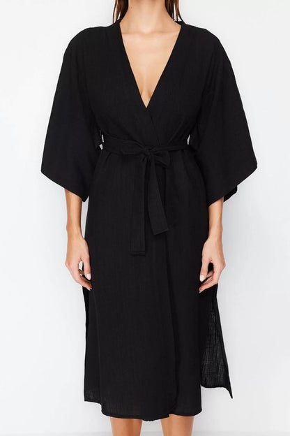 Fashion Woven Regular Pattern Midi V Neck Spanish Sleeve Linen Look Basic Plain Pattern Kimono Kaftan