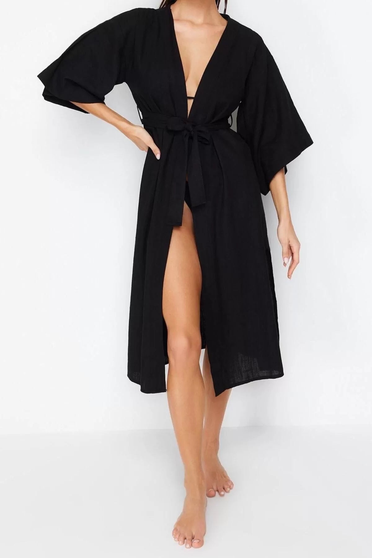 Fashion Woven Regular Pattern Midi V Neck Spanish Sleeve Linen Look Basic Plain Pattern Kimono Kaftan