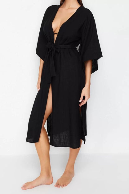 Fashion Woven Regular Pattern Midi V Neck Spanish Sleeve Linen Look Basic Plain Pattern Kimono Kaftan