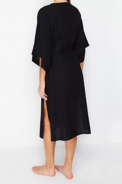 Fashion Woven Regular Pattern Midi V Neck Spanish Sleeve Linen Look Basic Plain Pattern Kimono Kaftan