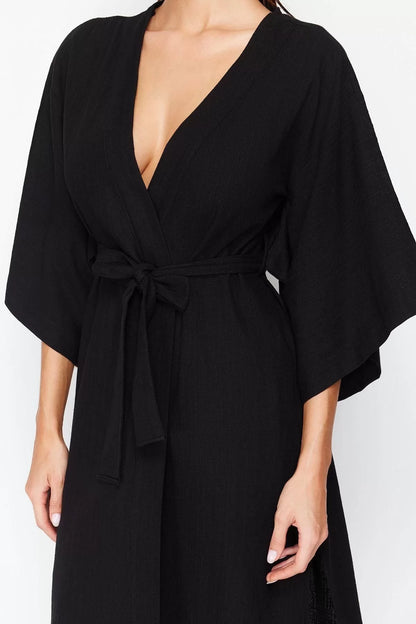 Fashion Woven Regular Pattern Midi V Neck Spanish Sleeve Linen Look Basic Plain Pattern Kimono Kaftan