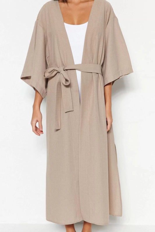 Fashion Woven Regular Pattern Midi V Neck Spanish Sleeve Linen Look Basic Plain Pattern Kimono Kaftan