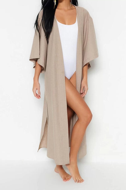 Fashion Woven Regular Pattern Midi V Neck Spanish Sleeve Linen Look Basic Plain Pattern Kimono Kaftan