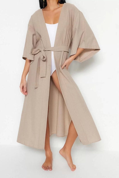 Fashion Woven Regular Pattern Midi V Neck Spanish Sleeve Linen Look Basic Plain Pattern Kimono Kaftan